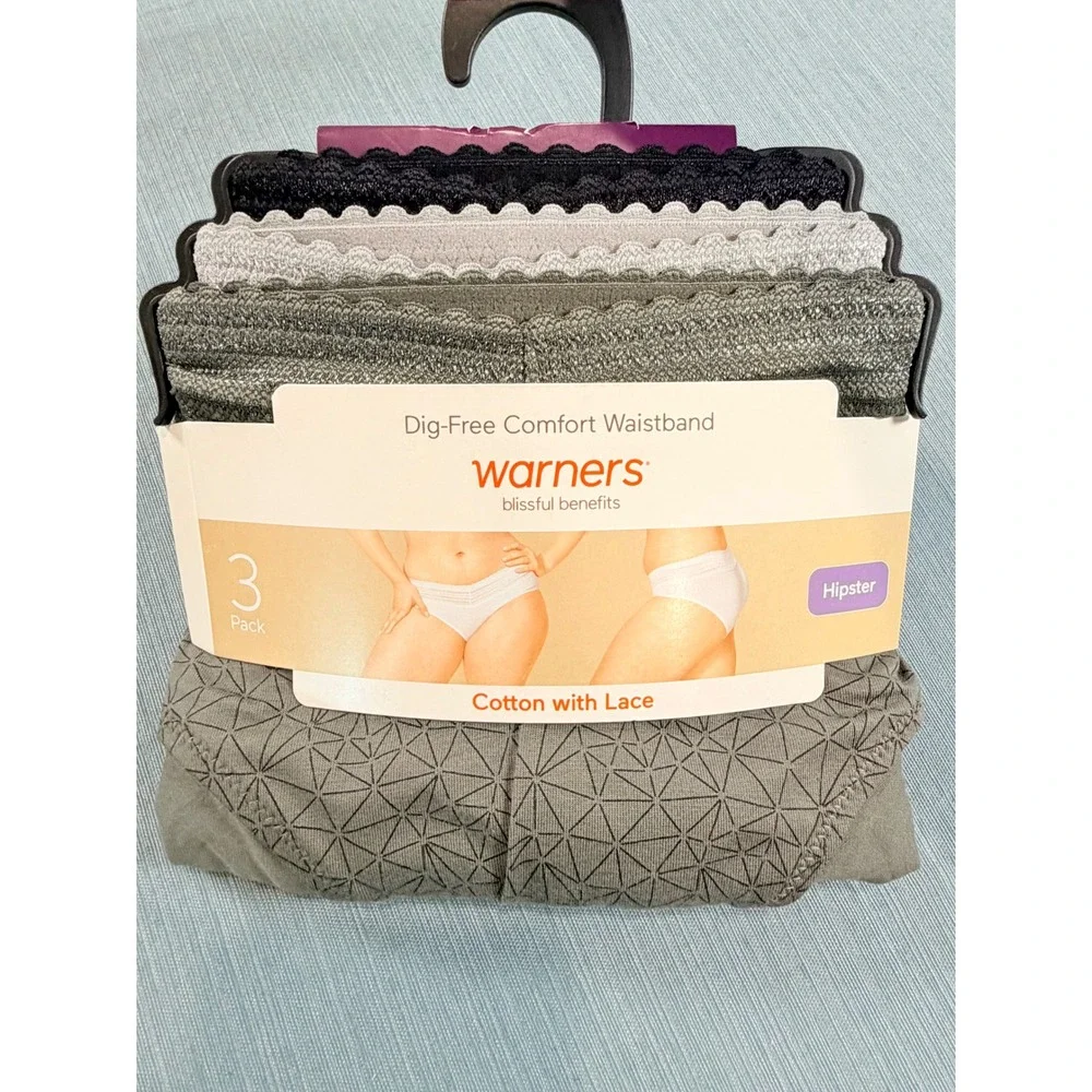 Warners Blissful Benefits Womens 3 Pack Hipster Panties Gray Black Lace 2XL NEW